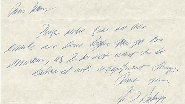 Un nota de Salinger a su empleada doméstica se subasta por 36.500 euros