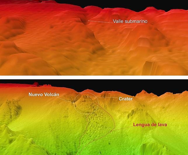 Imágenes de antes y después del lugar donde nació el volcán submarino de El Hierro
