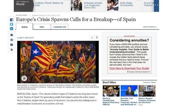 «The Wall Street Journal» advierte del «riesgo de ruptura de España» por la crisis europea