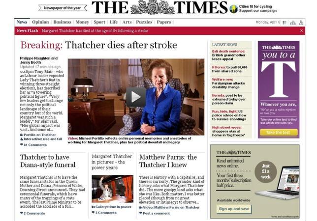 Los medios británicos, de luto por la muerte de Margaret Thatcher