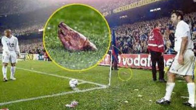 Detalle de la cabeza de cerdo arrojada el día del regreso de Figo al Camp Nou