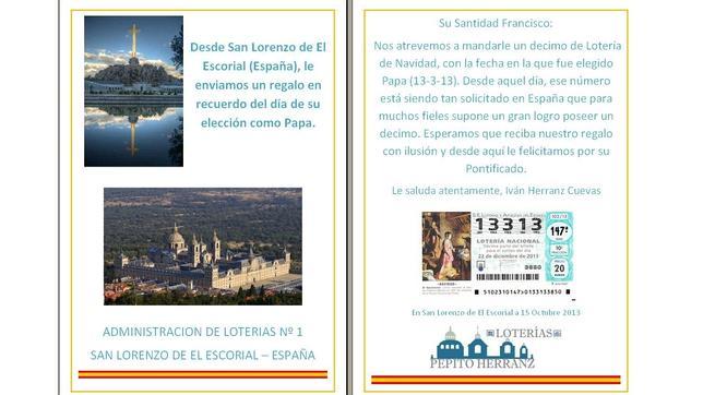 Lotería de Navidad 2013: «Al Papa Francisco seguro que le gusta recibir un décimo del 13313»