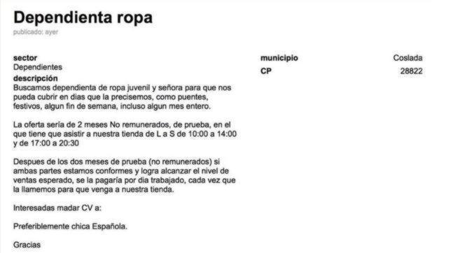 Oferta de empleo publicada en la web Segundamano.es