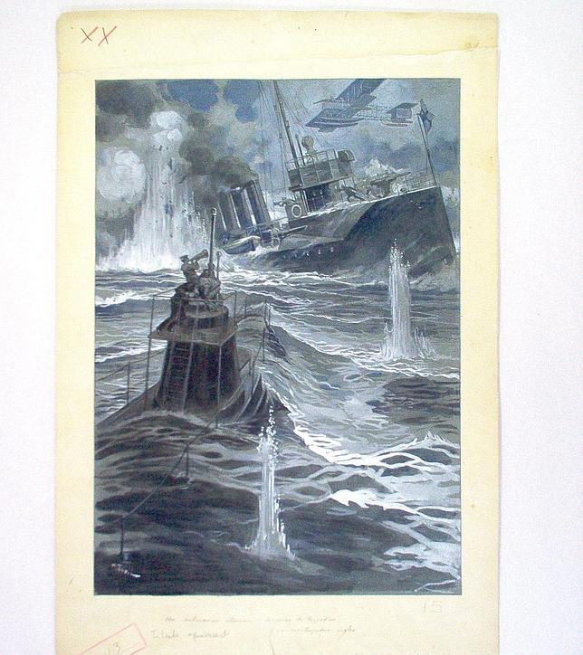 Dibujo publicado en ABC: «La guerra europea. Buque de guerra inglés torpedeado por un submarino alemán» / ARCHIVO ABC