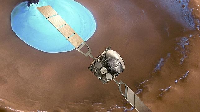 La sonda Mars Express sobre un cráter helado de Marte