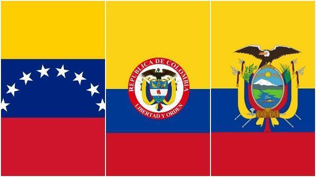 De izq. a dcha.: bandera de Venezuela, Colombia y Ecuador