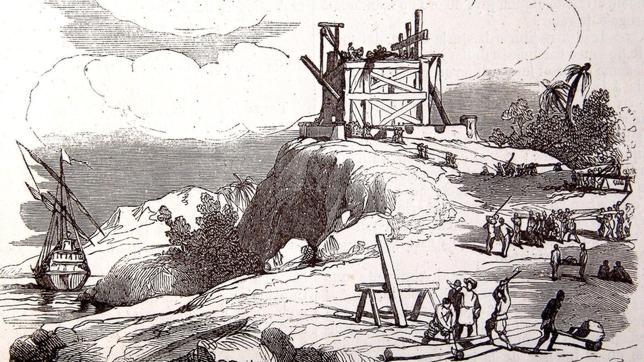 Grabado del siglo XIX sobre la construcción del Fuerte Navidad con los restos de la Santa María