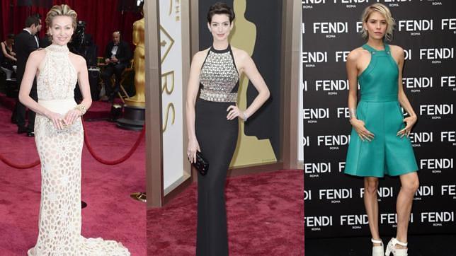 Portia de Rossi, Anne Hatthaway y Elena Perminova con cuellos «halter»