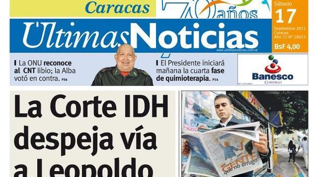 Portada de una edición del diario Últimas Noticias, el de mayor circulación en Venezuela
