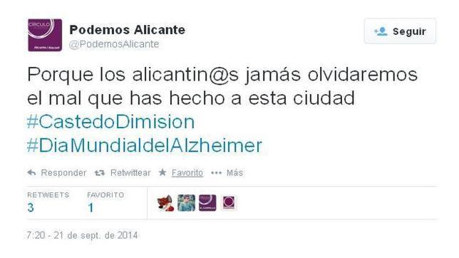 Podemos indigna a los tuiteros al usar el Día Mundial del Alzheimer para atacar a Castedo