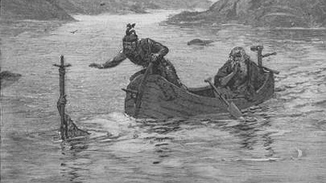 El rey Arturo y Merlín recogiendo la espada Excálibur, en una ilustración de 1880