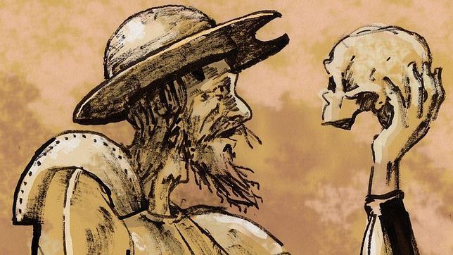 Don Quijote sosteniendo un cráneo en su mano