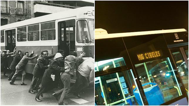 Un grupo de viajeros tratan de «mover» un autobús estropeado. A la derecha, un moderno «búho»