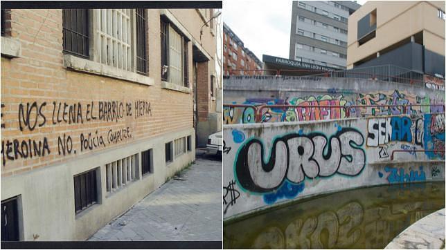 Pintada contra la droga en un barrio periférico de Madrid. Derecha, fraffitti en Arganzuela, en la actualidad