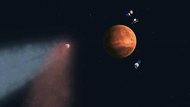 La ilustración muestra el paso del cometa Siding Spring acercándose a Marte