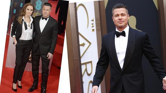 Ek actor Brad Pitt con esmoquin y su mujer Angelina Jolie con una versión para mujer