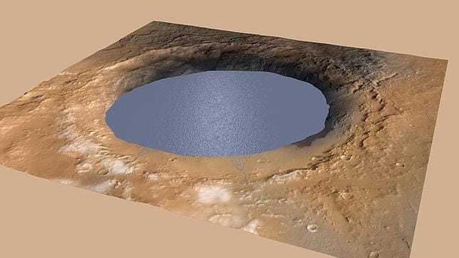 La ilustración muestra cómo un lago rellenaba parcialmente el cráter Gale