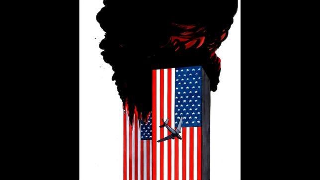 Ilustración de Gerald Scarfe tras el 11-S incluida en la exposición «Heroes and Monsters» en 2010