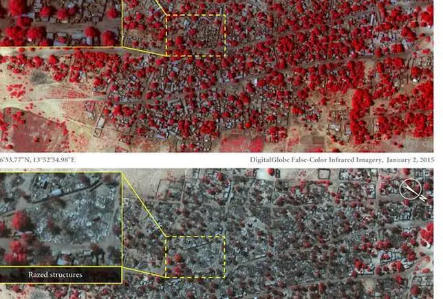 Imágenes del antes (2 de enero de 2015) y el después (el 7 de enero de 2015) muetra el daño en Doro Gowon que provocó un ataque de Boko Haram