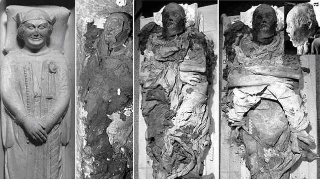 De izquierda a derecha, el sepulcro, estado de la momia al abrirlo, el cadáver y sus ropas, y finalmente el cuerpo al comenzar la autopsia