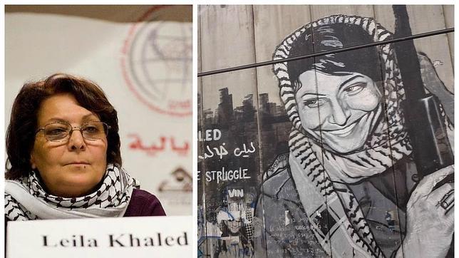 A la izaquierda, Leila Khaled, fotografiada en 2009 en Beirut. A la izquierda, en un grafiti en Belén