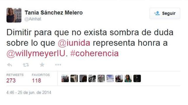 Captura del tuit de Tania Sánchez del 25 de junio de 2014