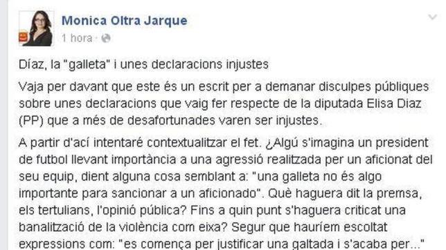 Mònica Oltra pide disculpas a Elisa Díaz a través de Facebook