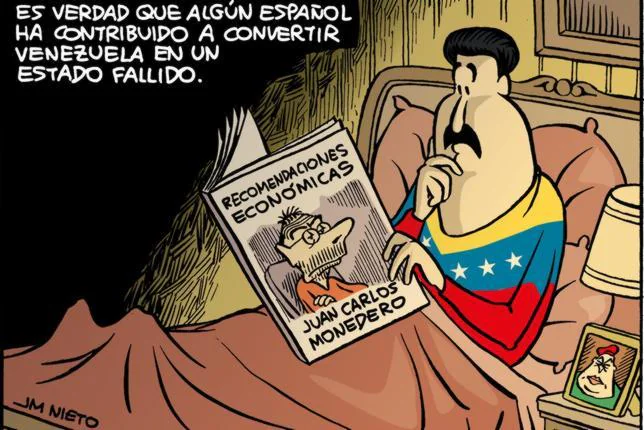 Viñeta de Nieto acerca de la vinculación de Juan Carlos Monedero con el régimen bolivariano venezolano, acerca del cual tiene dos preguntas en su examen a los universitarios