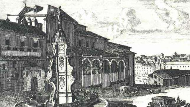 Grabado del antiguo teatro derribado para construir el Teatro Real