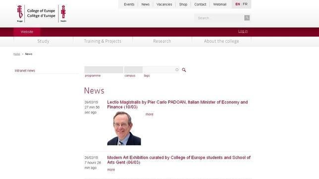 Captura de la web del Colegio de Europa, cuya sede radica en la bella población belga de Brujas