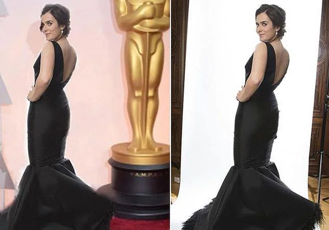 A la izquierda, el montaje fotográfico donde parece que está en los Oscar. A la derecha, Anna Allen posando en la fotografía real