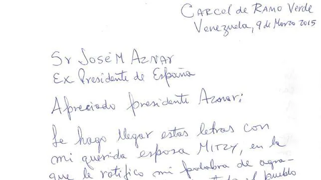 Carta manuscrita de Ledezma a Aznar