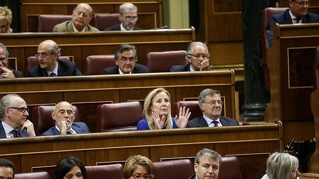 La diputada del PP Lourdes Méndez levanta las manos para subrayar que no ha votado