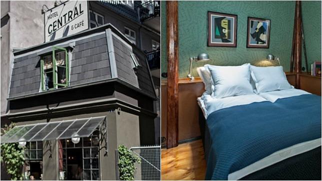 Imagen del exterior y de la habitación del Hotel & Café Central, en Copenhague