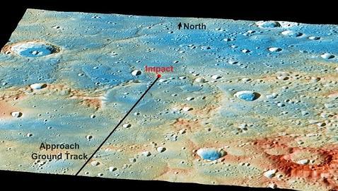 Lugar previsto del impacto, en la cuenca de Skahespeare (NASA/Johns Hopkins University Applied Physics Laboratory/Carnegie Institution of Washington)