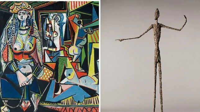 A la izquierda, «Las mujeres de Alger (Versión O)», de Picasso. Detalle. A la derecha, «El hombre que señala», de Giacometti. Detalle