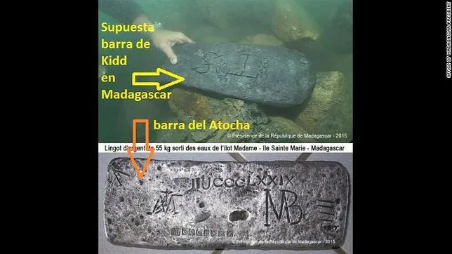 La foto publicada, de una barra de plata hallada «por casualidad» en Madagascar y debajo, la barra del Atocha
