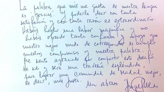 Gabilondo agradece de su puño y letra el «desafío» para «lograr una Comunidad mejor»