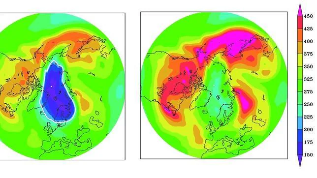 Así sería el agujero de la capa de ozono (izquierda) si no se hubieran tomado medidas