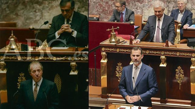 Don Juan Carlos ante la Asamblea Nacional en 1993 y Don Felipe en 2015