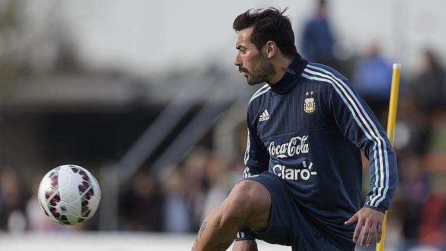 Ezequiel Lavezzi, durante un entrenamiento con la selección argentina