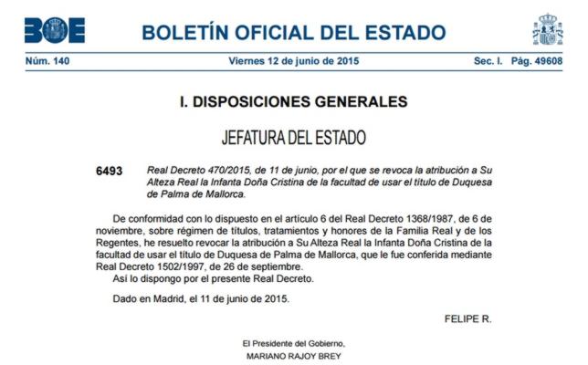 El BOE publica la revocación del título de Duquesa de Palma a la Infanta Cristina