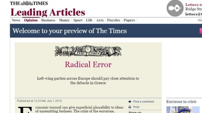 «The Times» carga en su editorial contra el «error radical» de apoyar a Podemos