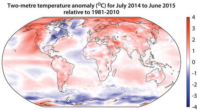 La temperatura para julio de 2014 a junio de 2015 muestra anomalías cálidas en la mayor parte del mundo