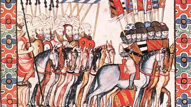 Ilustración de las Cantigas de Alfonso X. La caballería mora porta adargas