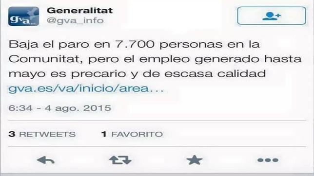 La Generalitat carga en Twitter contra la bajada del paro mientras gobernaba el PP