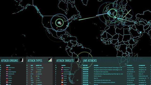 Mapa de la empresa Norse que muestra los ciberataques a tiempo real