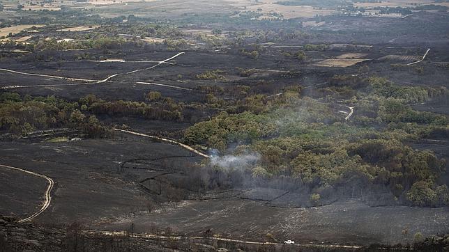 Zonas arrasadas por el incendio de 3.000 hectáreas en la localidad de Cualedro (Orense)