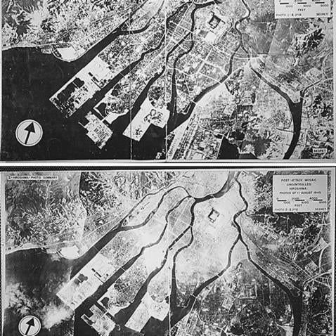 Fotografías aéreas de Hiroshima, antes (arriba) y después (abajo) de la explosión (EFE)