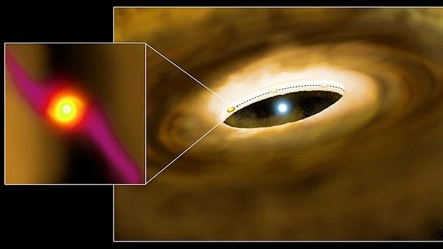 La iustración muestra la estrella HD100546 y su disco protoplanetario